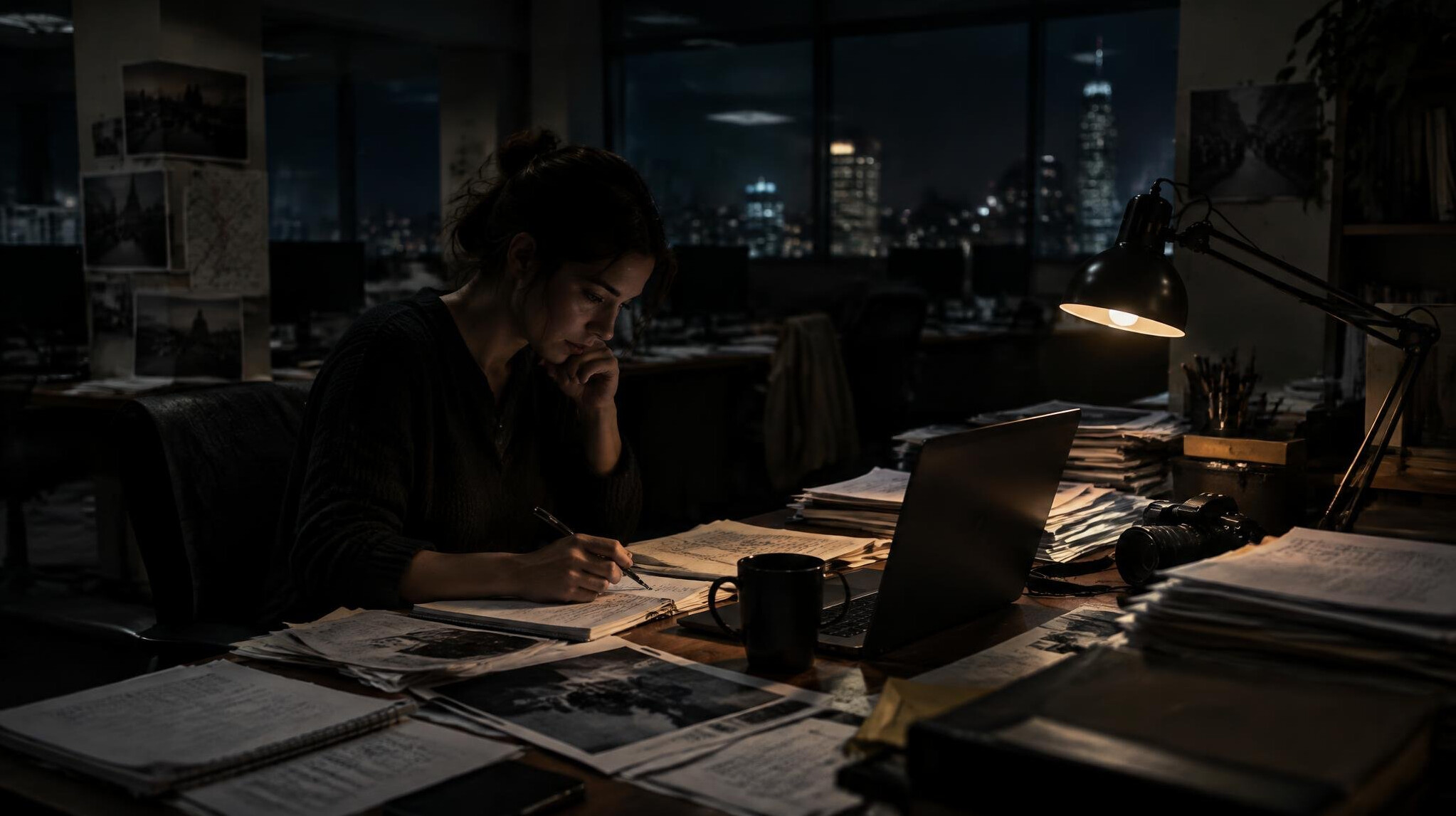 Dim newsroom with a single lit desk at night