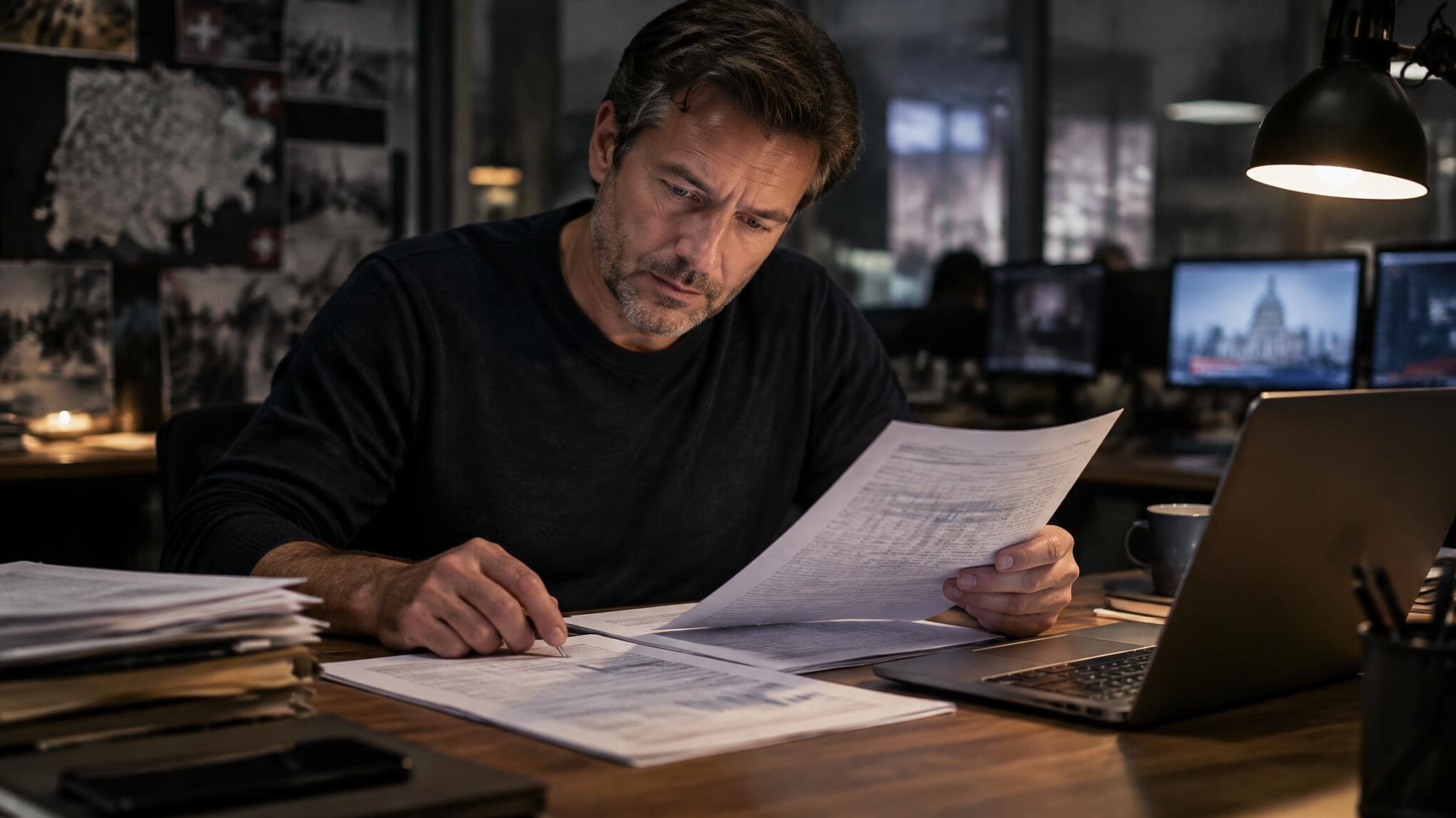 Investigative journalist reviewing documents at a desk with a laptop