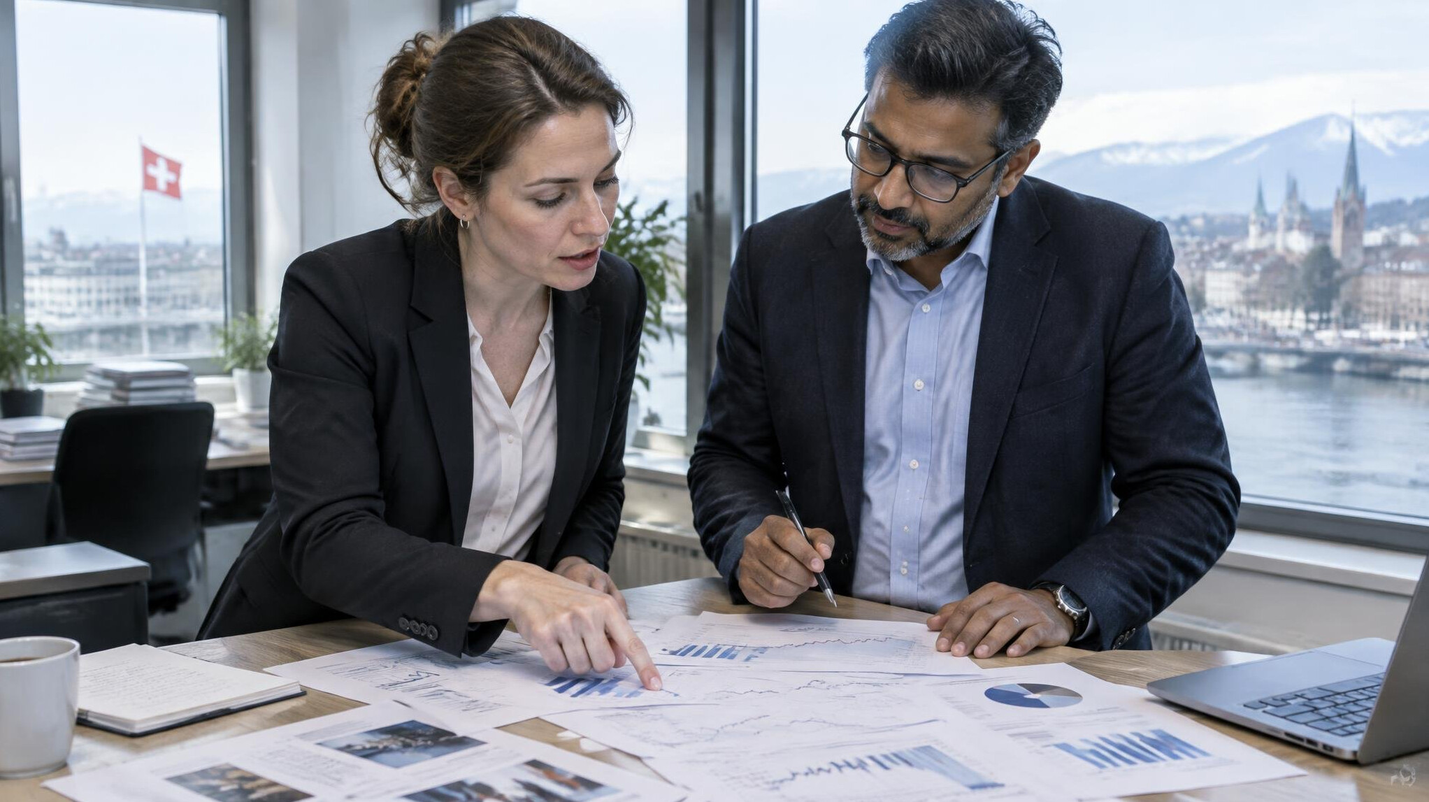 Two journalists analyzing printed reports and charts on a table