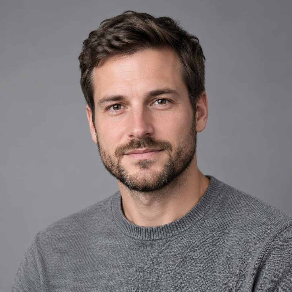 Studio portrait of a Swiss man in his 30s with a beard