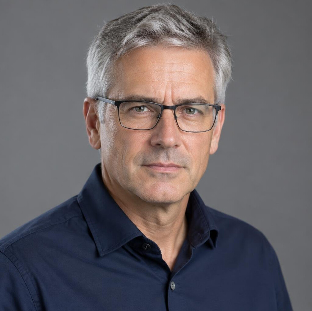 Studio portrait of a Swiss man in his 50s with grey hair and glasses