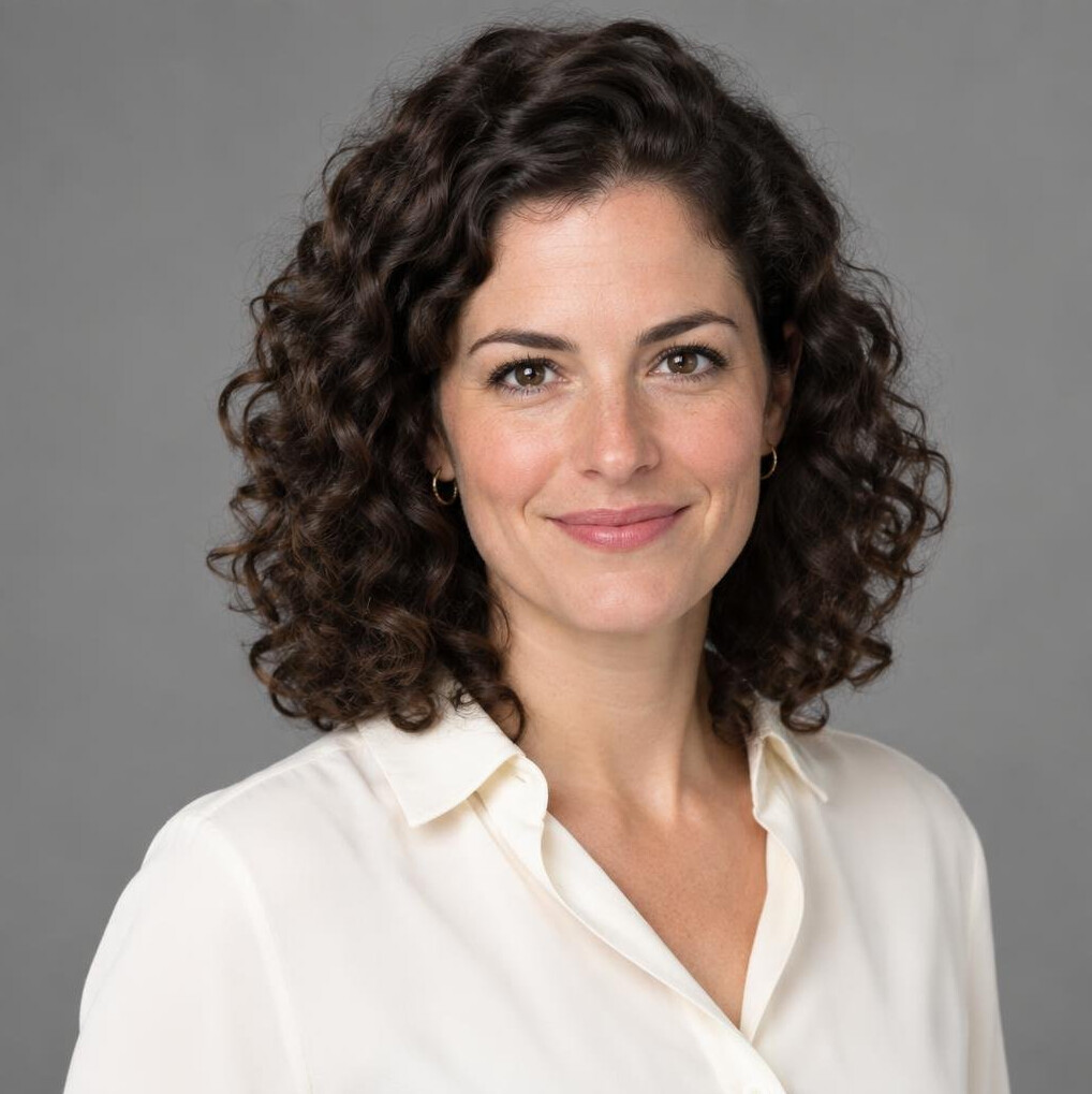 Studio portrait of a young Swiss woman in her 30s with curly dark hair