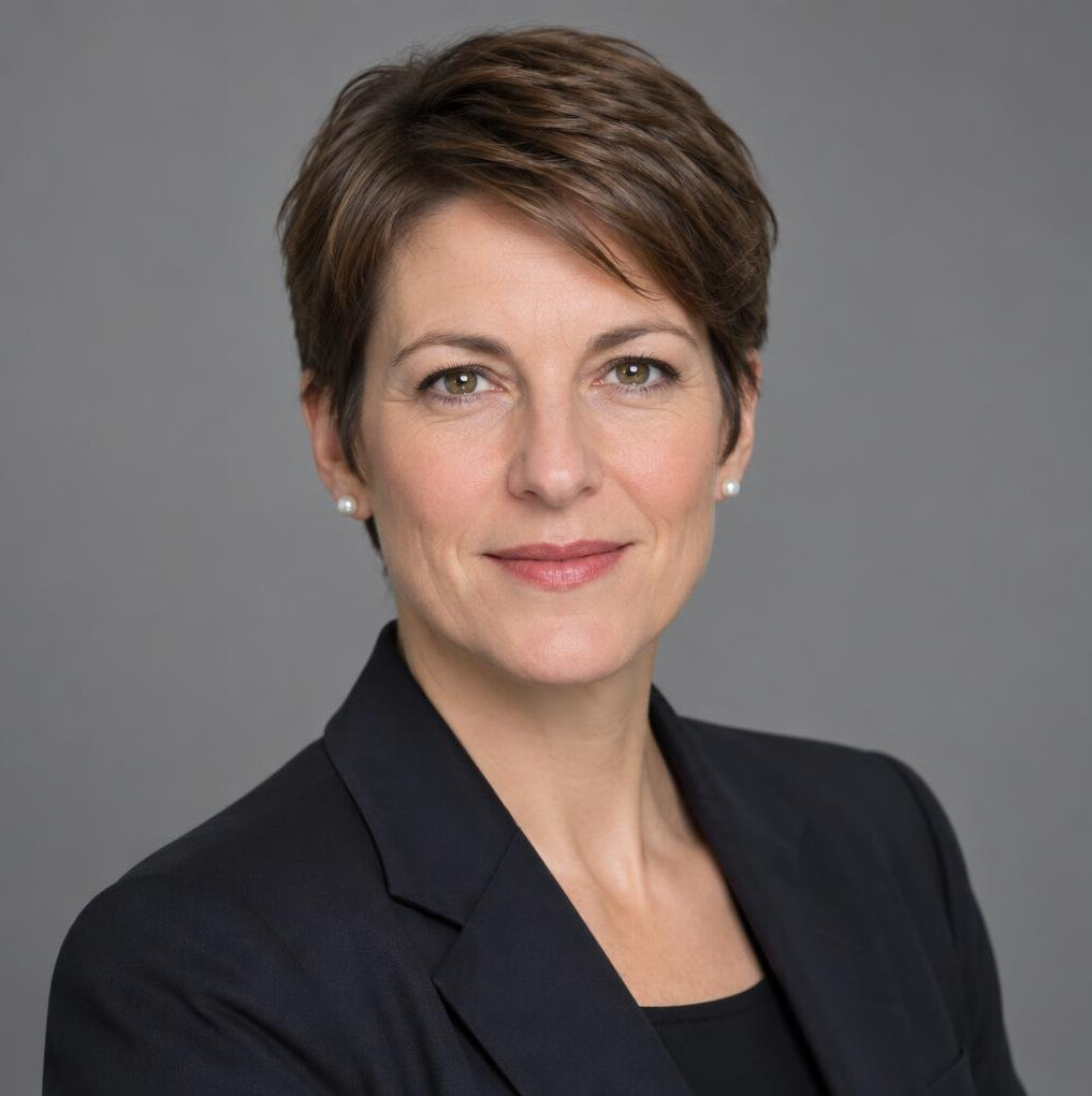 Studio portrait of a Swiss woman in her 40s with short brown hair
